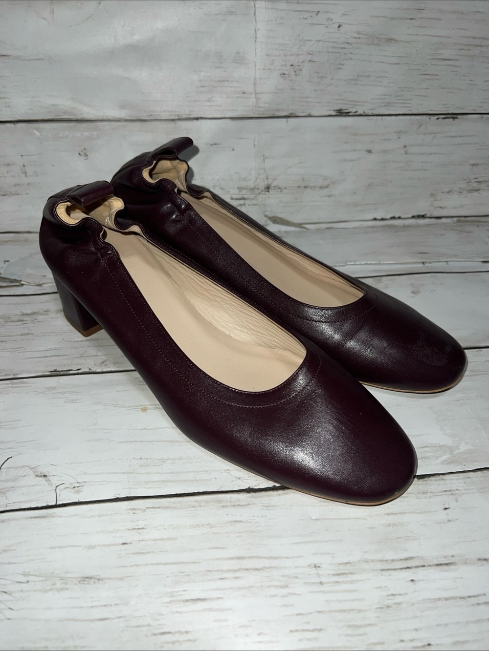 Everlane Day Heel Burgundy Italian Leather Low Block Heel Ballet Pumps 9.5
